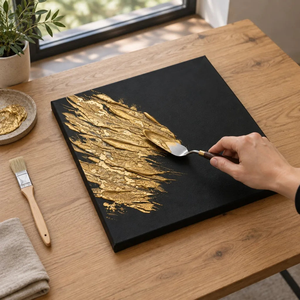 Nanášanie tekutej zlatej pasty ARTMIE MIDAS špachtľou na čierne plátno