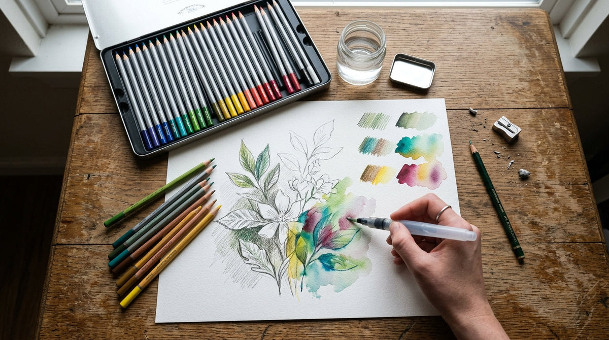 Aquarellstifte und Wassertankpinsel auf Papier