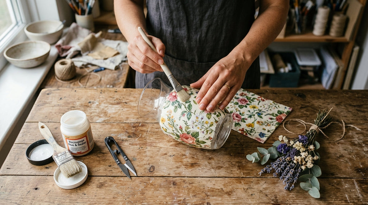 Decoupage na skle: sklenená váza zdobená kvetinovým motívom