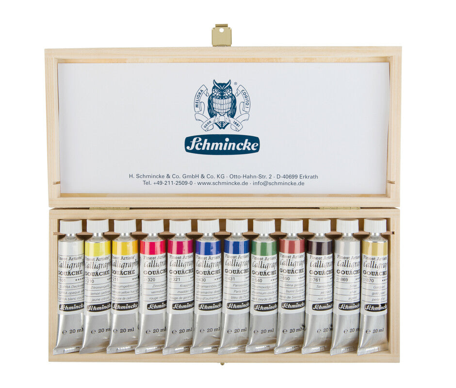 Drevený set kvašových farieb Schmincke Calligraphy Gouache, 12 x 20 ml