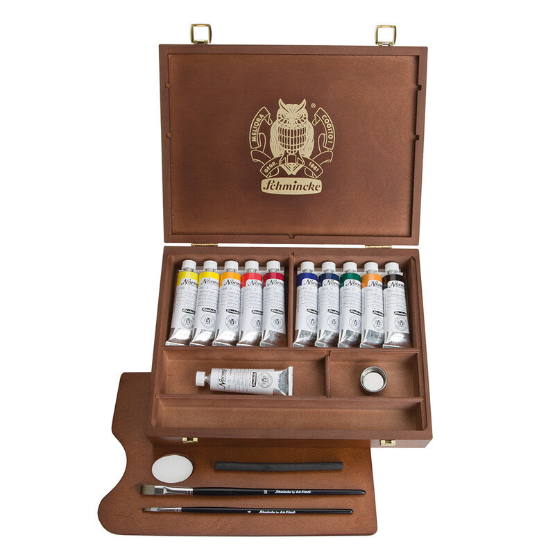 Drevený box s olejovými farbami Schmincke NORMA Professional 11 x 35 ml + príslušenstvo