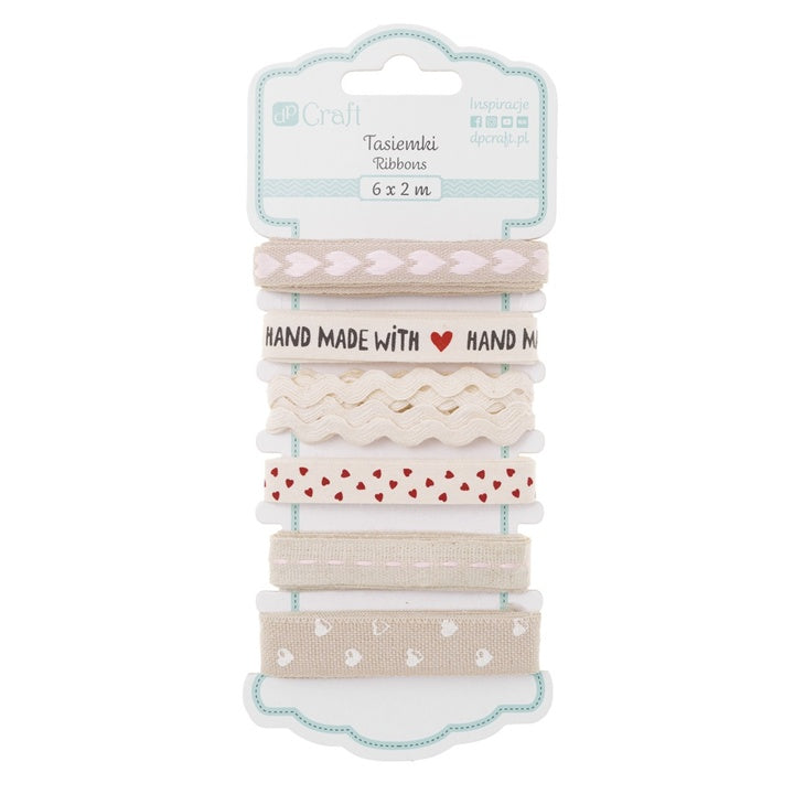 Bavlnené stuhy „Handmade with Love“ – sada 6 ks x 2 m