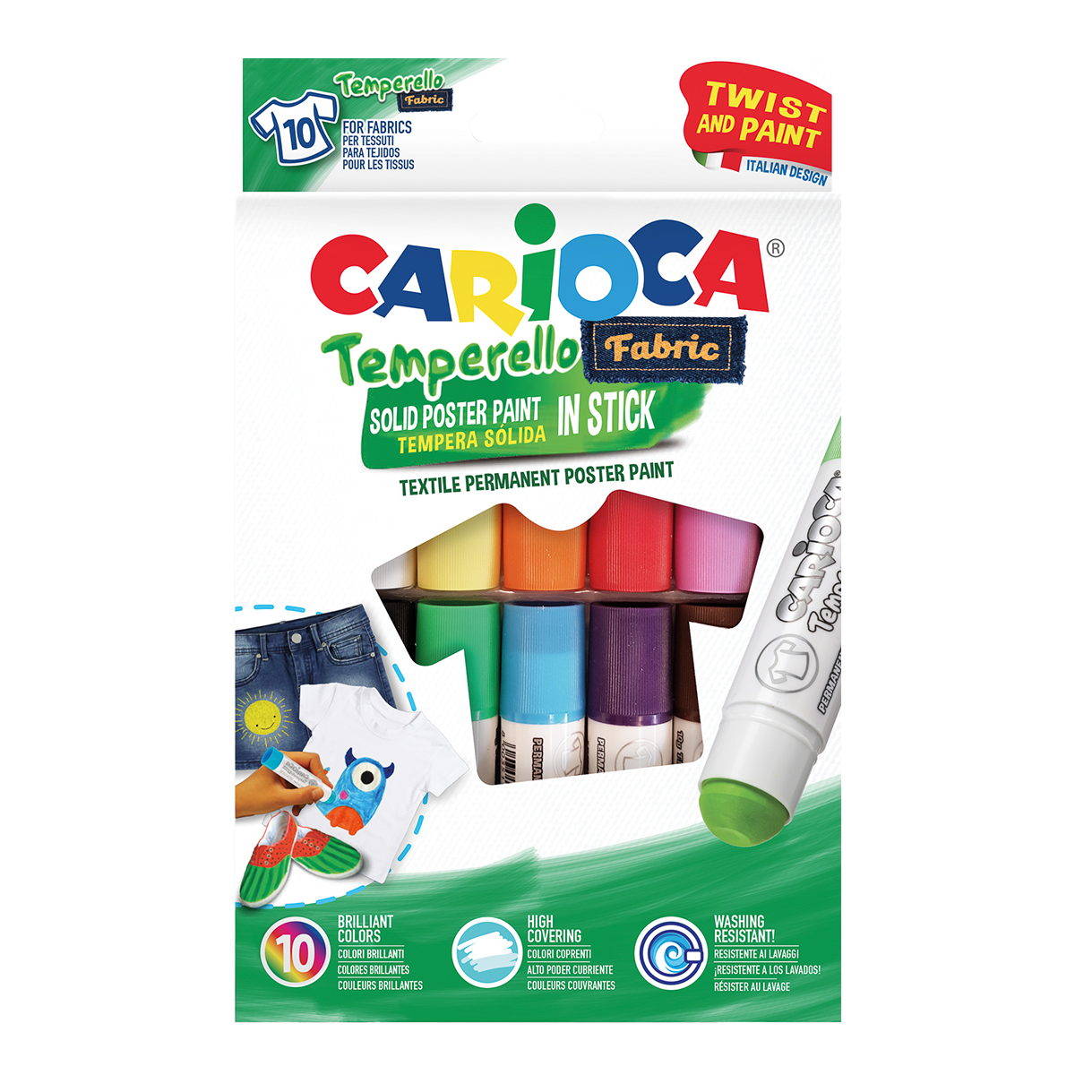 Carioca temperové farby na textil v tyčinke – sada 10 ks