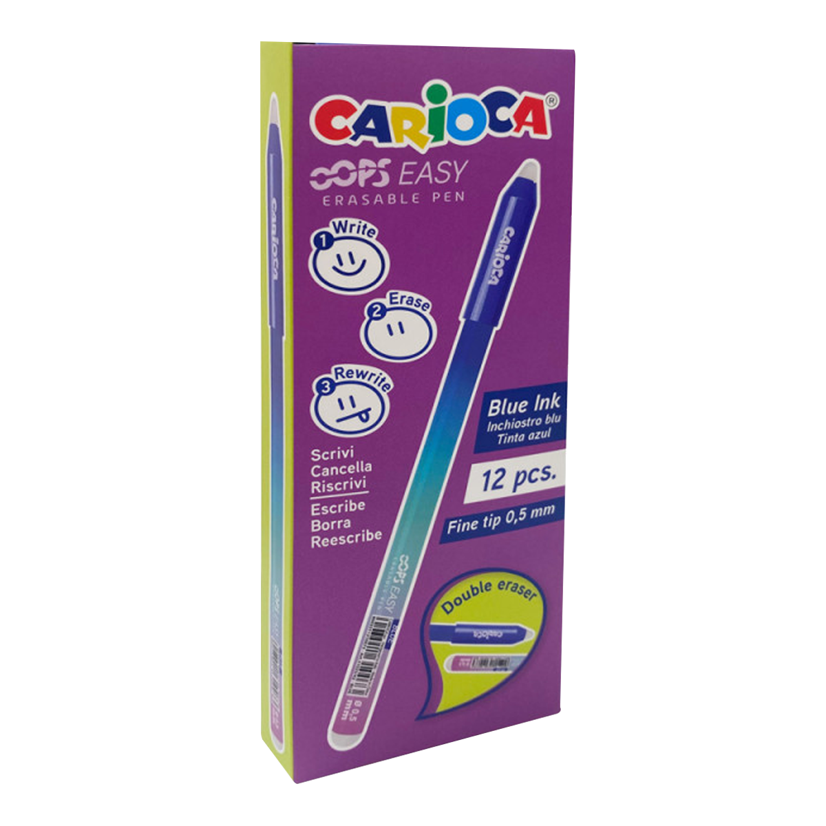 Gumovateľné pero Carioca Oops Easy, modrá náplň, balenie 12 ks