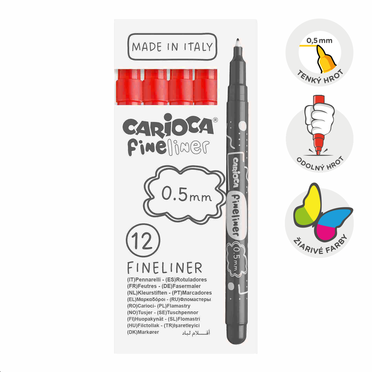 Jemné linery Carioca Fineliner 0,5 mm – 12 ks – červený