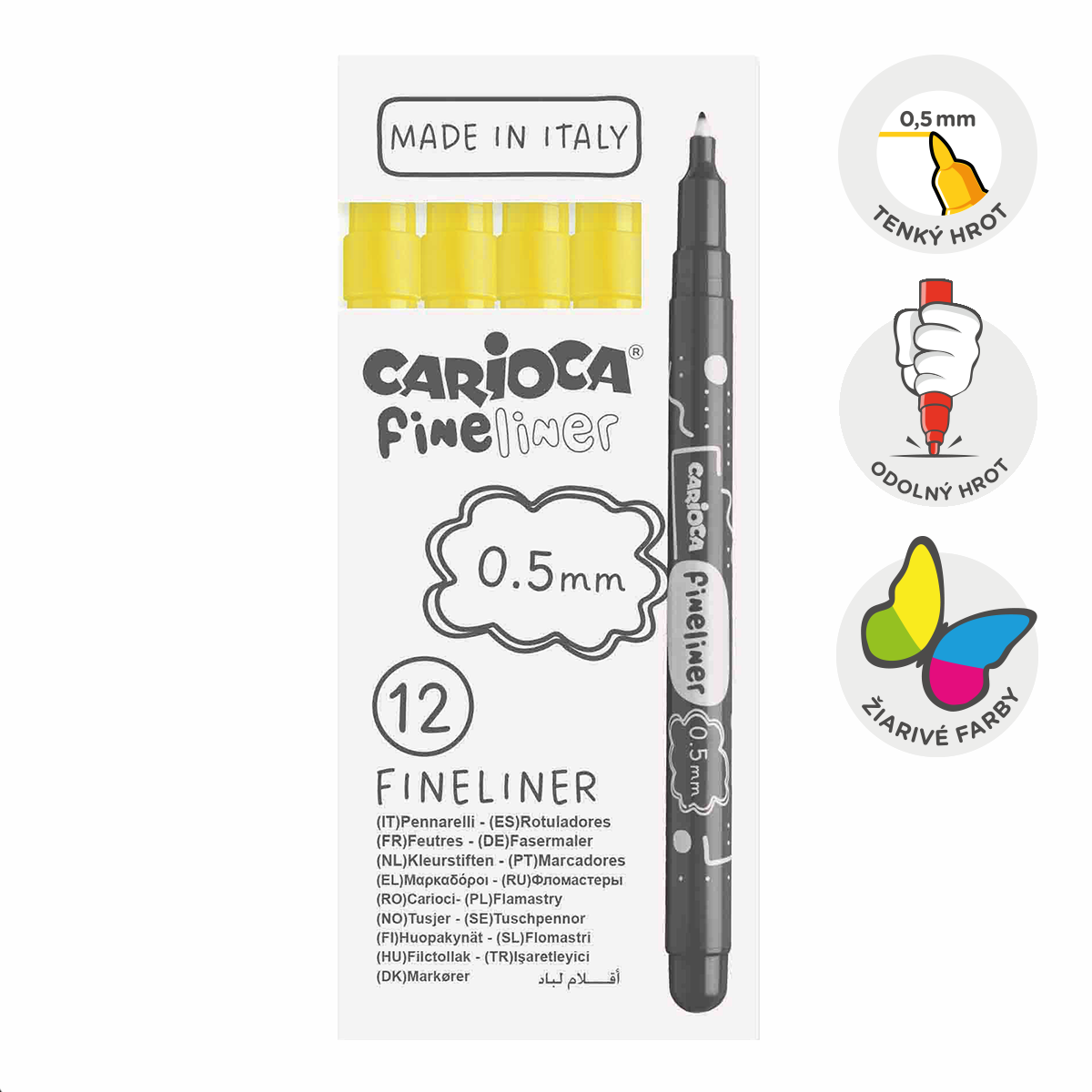 Jemné linery Carioca Fineliner 0,5 mm – 12 ks – žltý