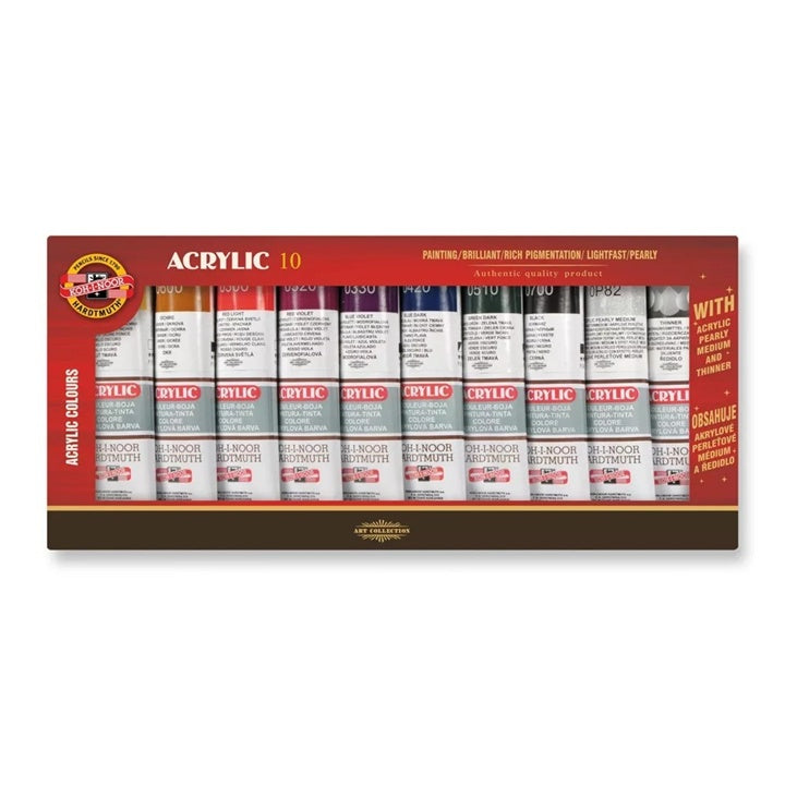 KOH‑I‑NOOR Acrylic 10 – sada akrylových farieb s médiom a riedidlom