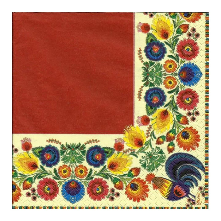 Eko servítky na dekupáž Folk Cocks Red & Cream - 1ks