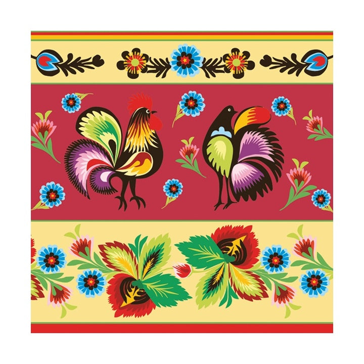 Eko servítky na dekupáž Folklore Roosters Cream & Red - 1ks