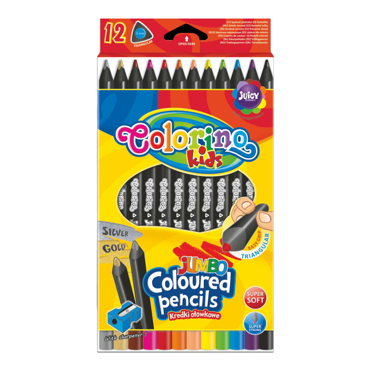 Trojhranné JUMBO pastelky Colorino z čierneho dreva so strúhadlom - 12 farieb