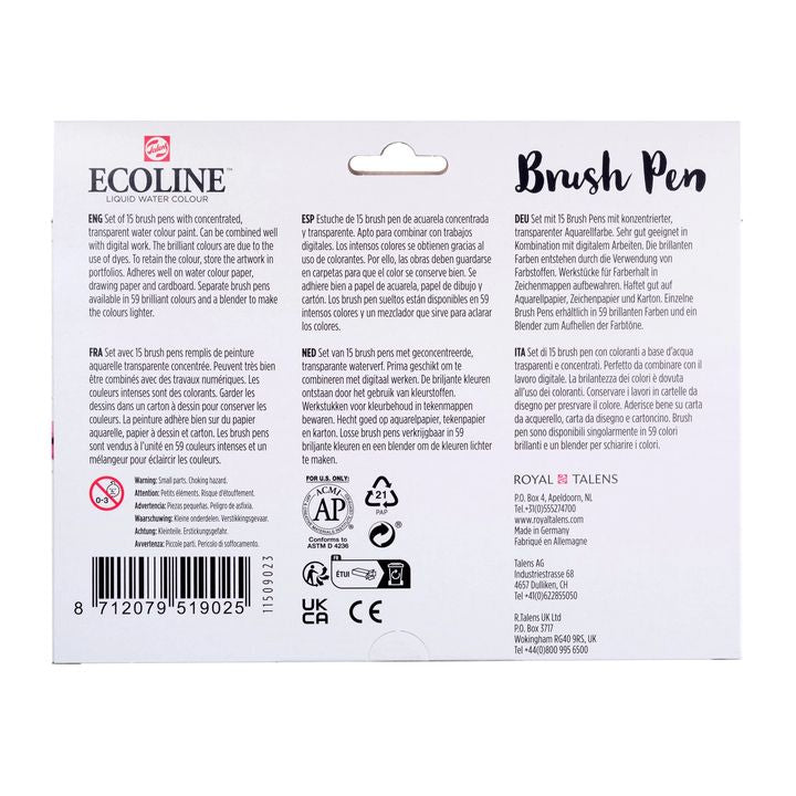 Akvarelové perá Ecoline Brush Pen 15 ks