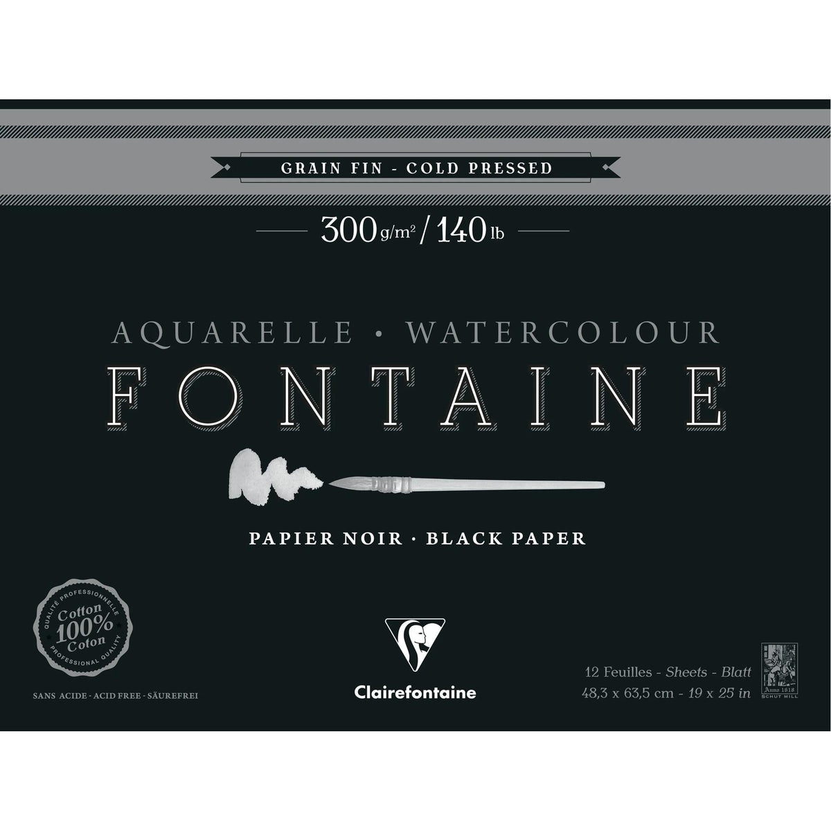 Akvarelový blok Clairefontaine Fontaine CP čierny 300 g/m2 48,3 x 63,5 cm - 12 listov
