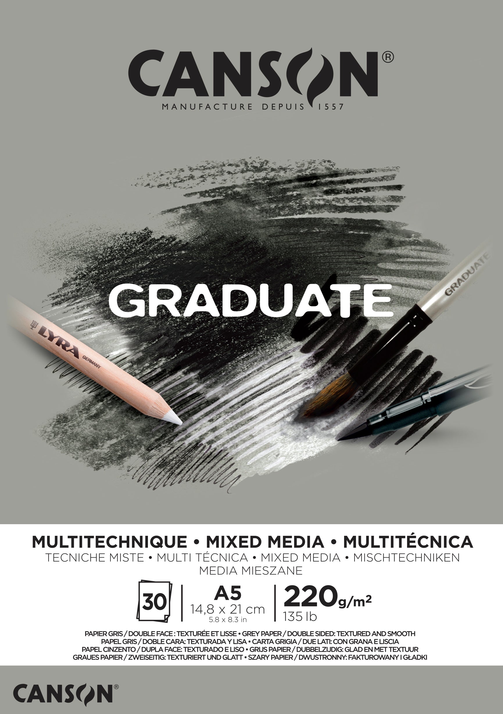 CANSON Graduate Mix Media blok sivý 220 g A5 - 30 listov lepený
