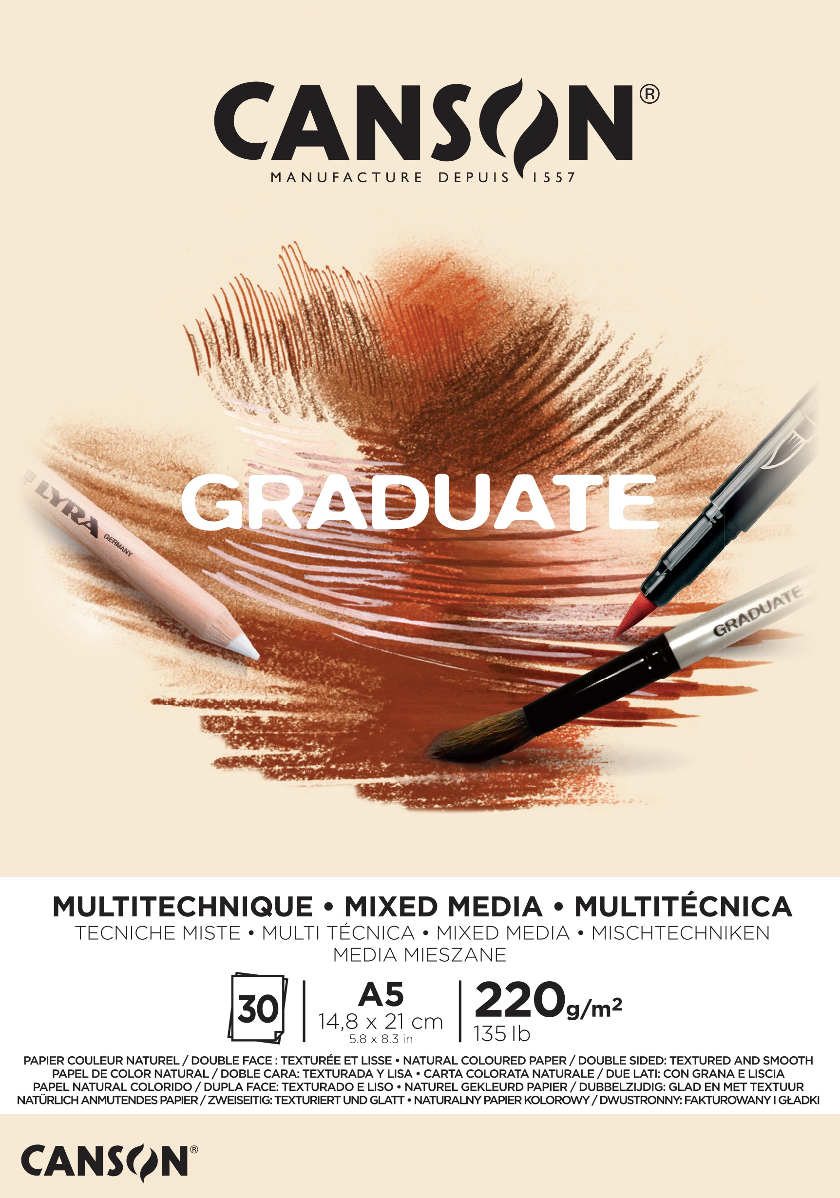 Canson Graduate Mix Media blok Natural 220 g 30 listov A5 lepený