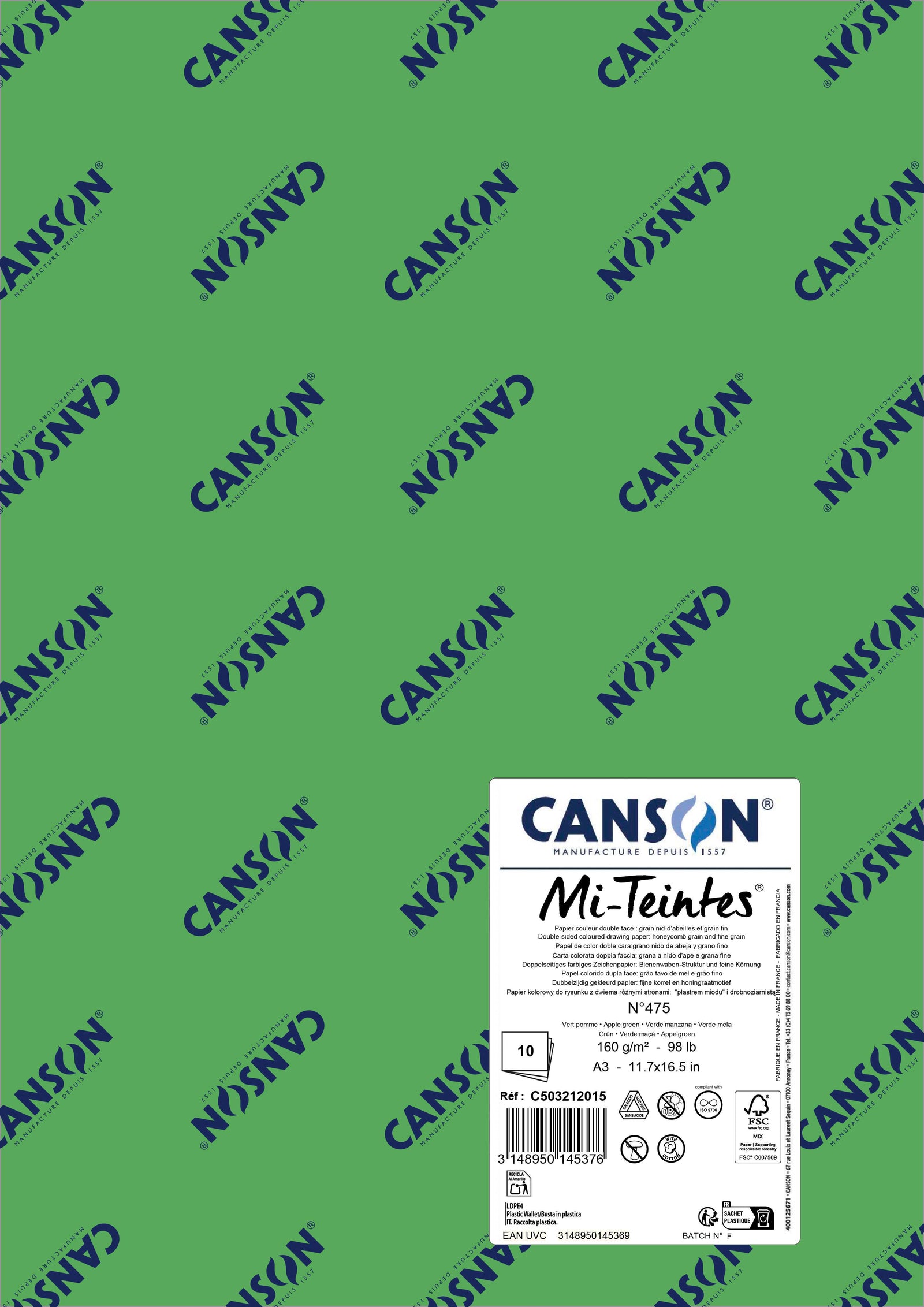 Papier na pastel Canson Mi-Teintes A3 160 g - 10 hárkov – Jablková zelená 475