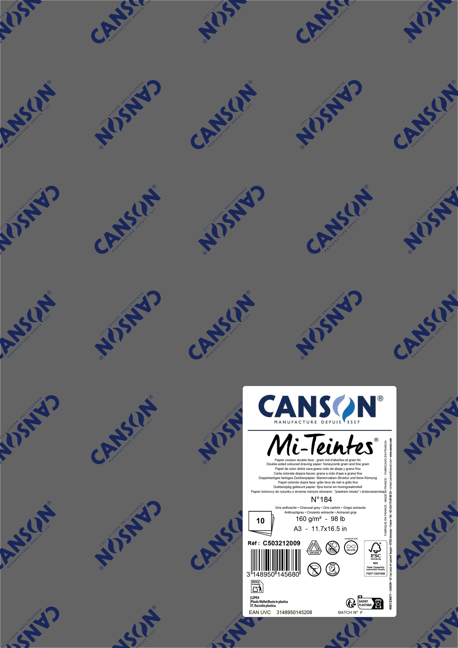 Papier na pastel Canson Mi-Teintes A3 160 g - 10 hárkov – Uhoľná sivá 184