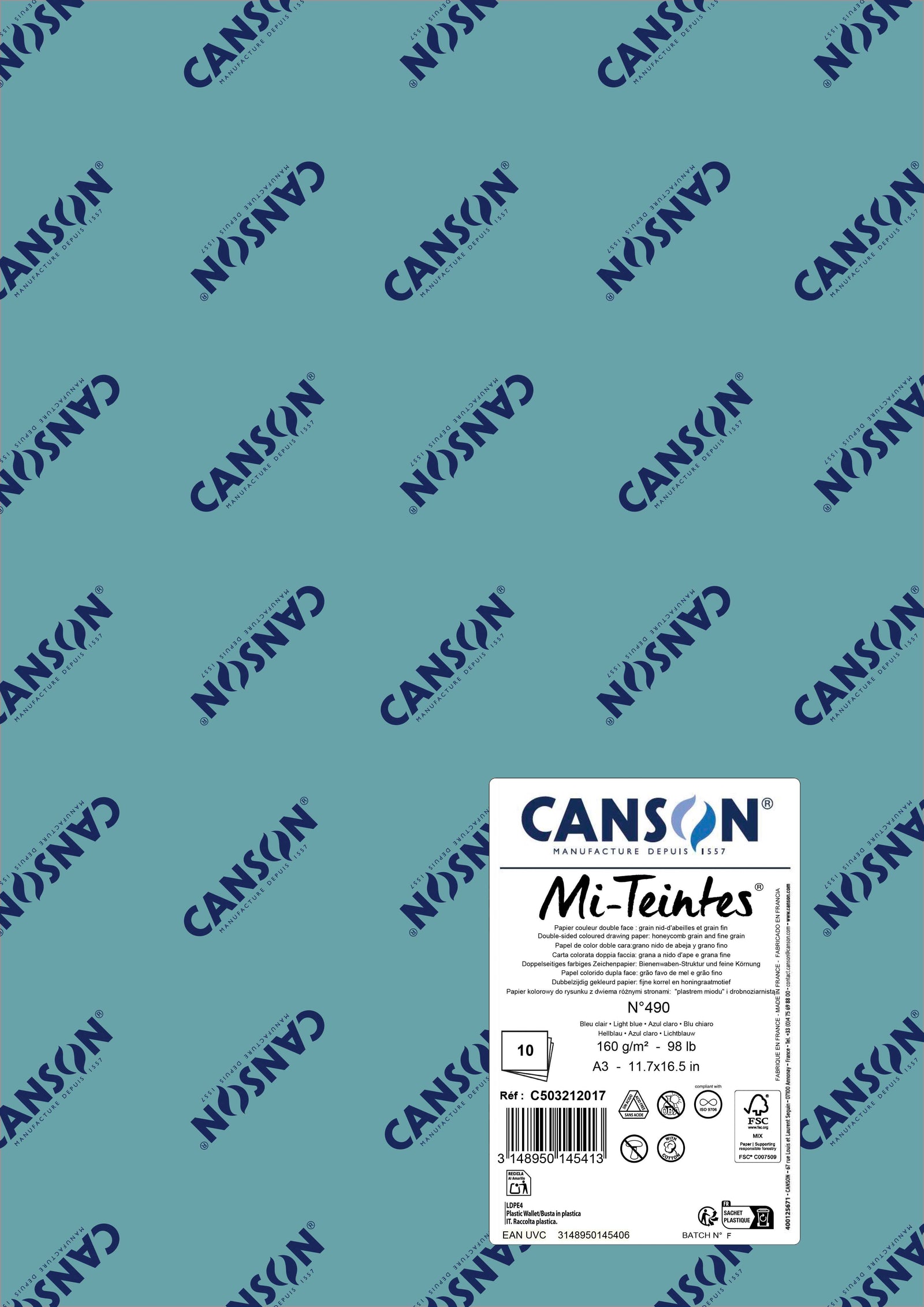 Papier na pastel Canson Mi-Teintes A3 160 g - 10 hárkov – Svetlomodrá 490