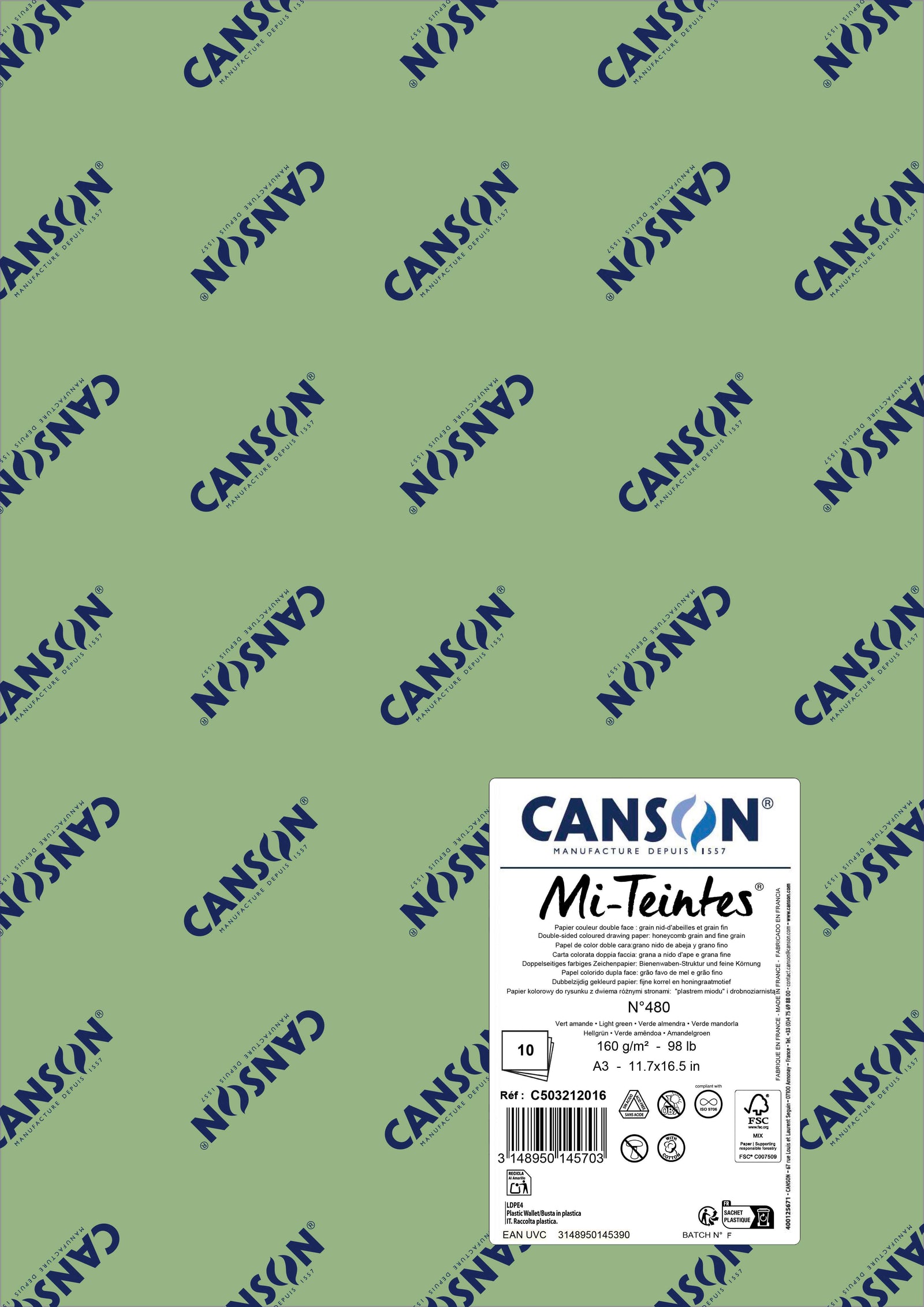 Papier na pastel Canson Mi-Teintes A3 160 g - 10 hárkov – Svetlozelená 480
