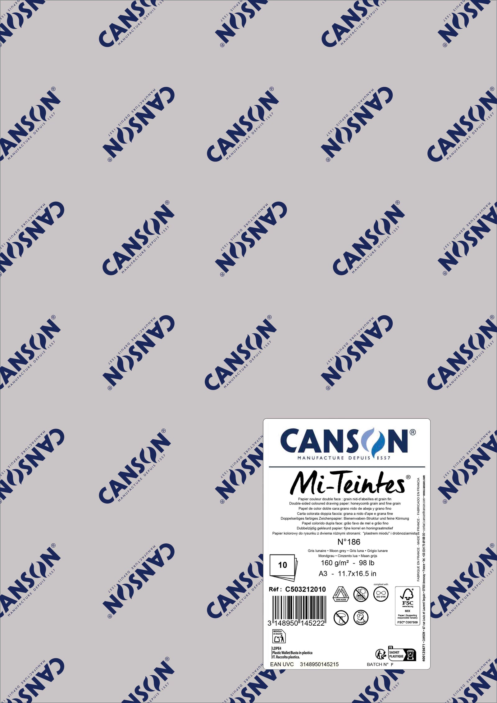 Papier na pastel Canson Mi-Teintes A3 160 g - 10 hárkov – Mesačná sivá 186