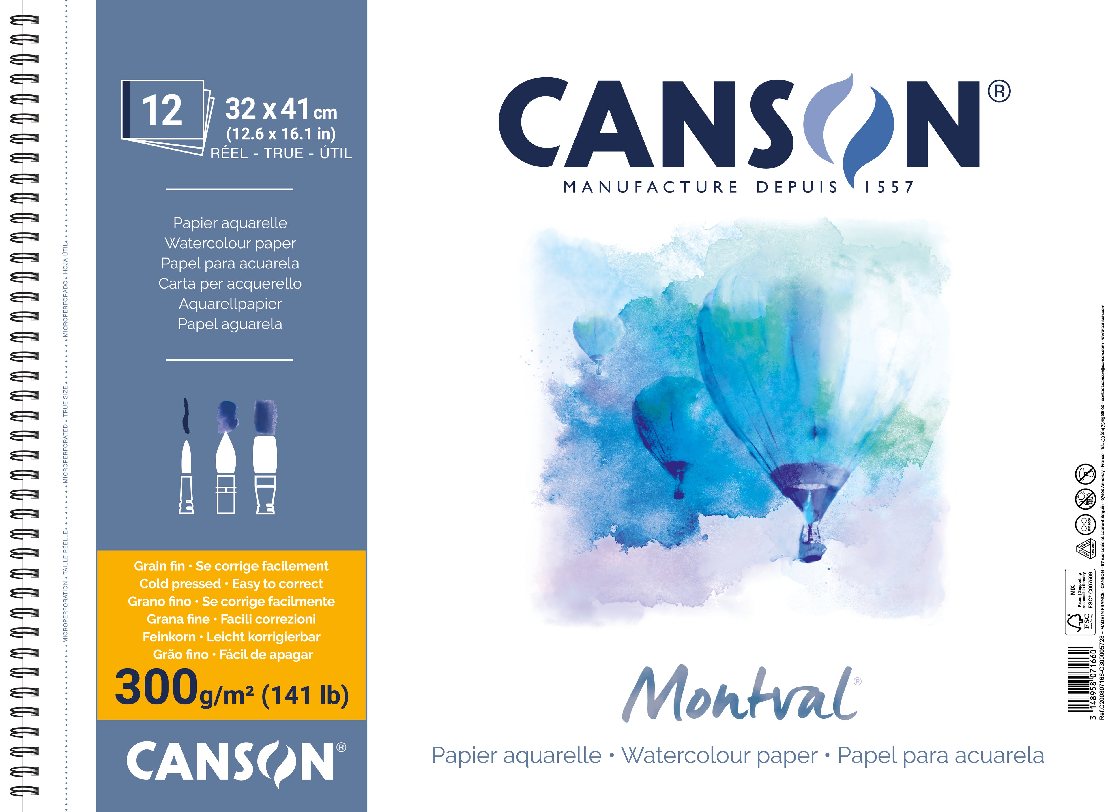 CANSON Montval akvarelový blok CP 300 g/m² 12L 32 x 41 cm špirálová väzba