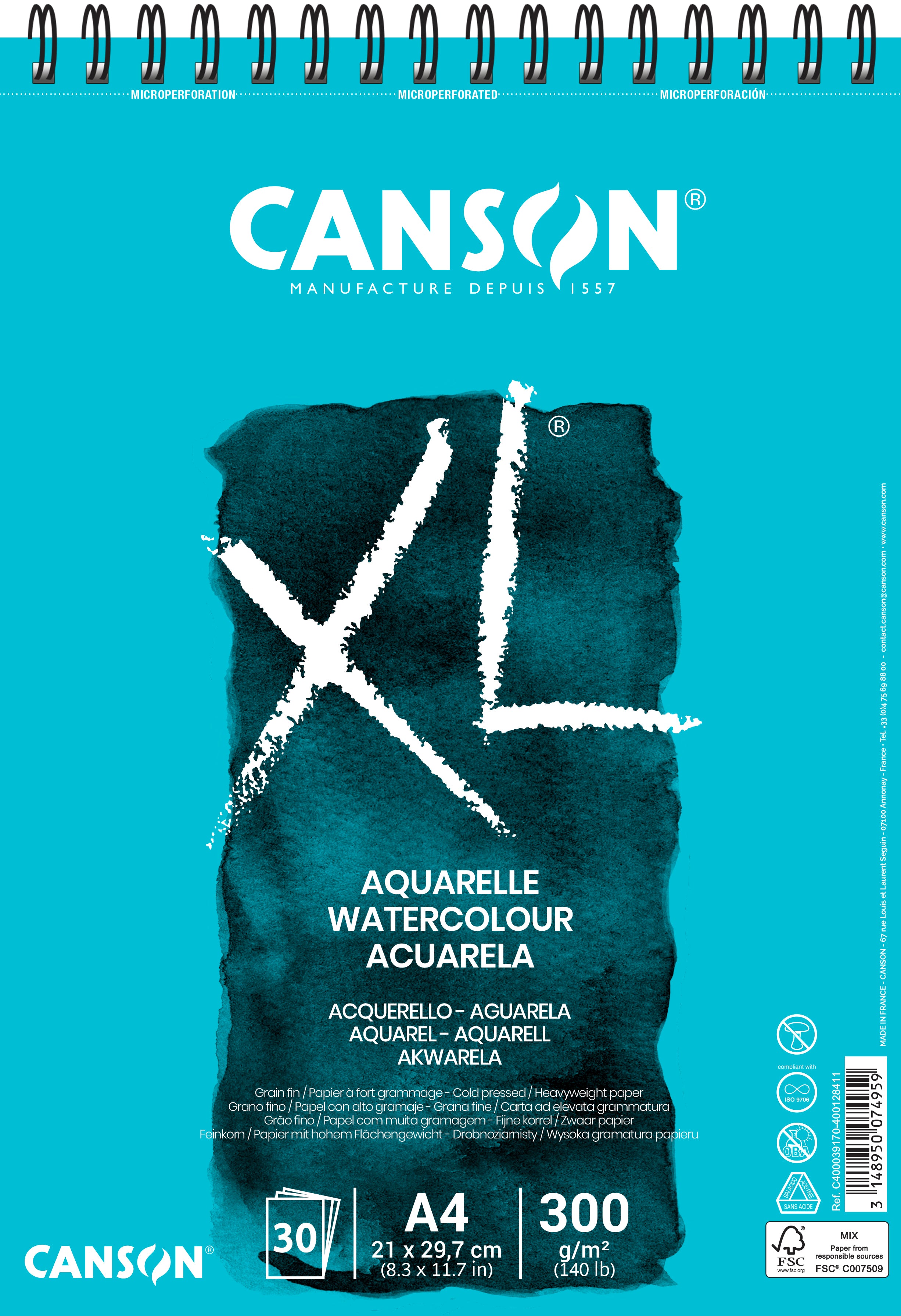 Canson XL akvarelový blok CP White 300 g/m² - 30 listov, A4, špirálová väzba