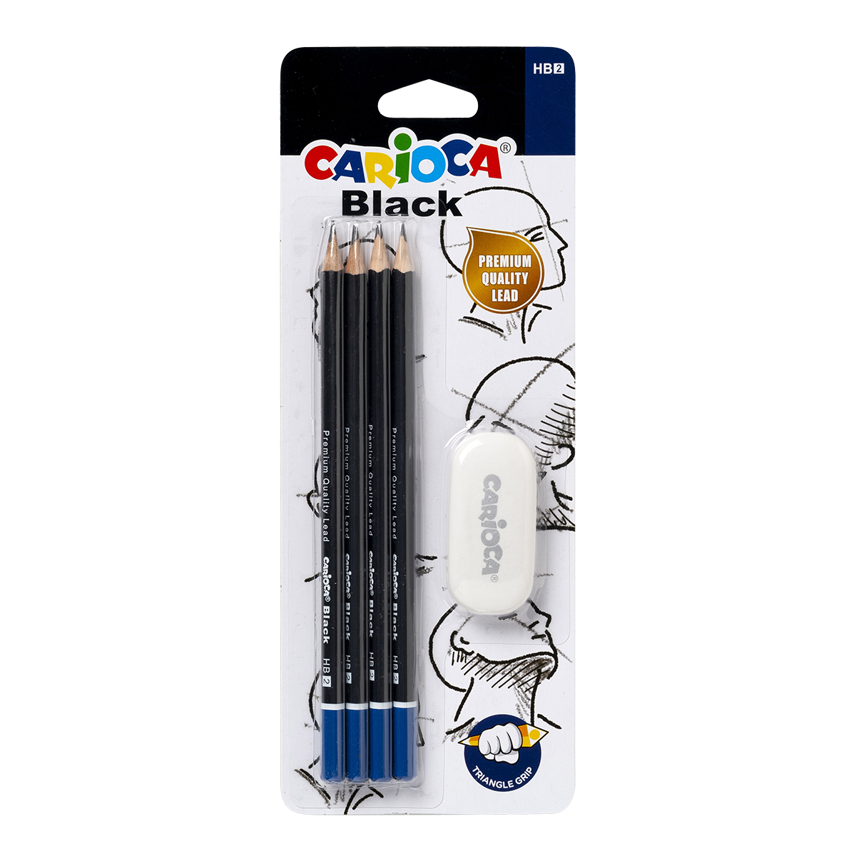 Carioca súprava trojhranných ceruziek Black 2/HB s gumou, 4 ks