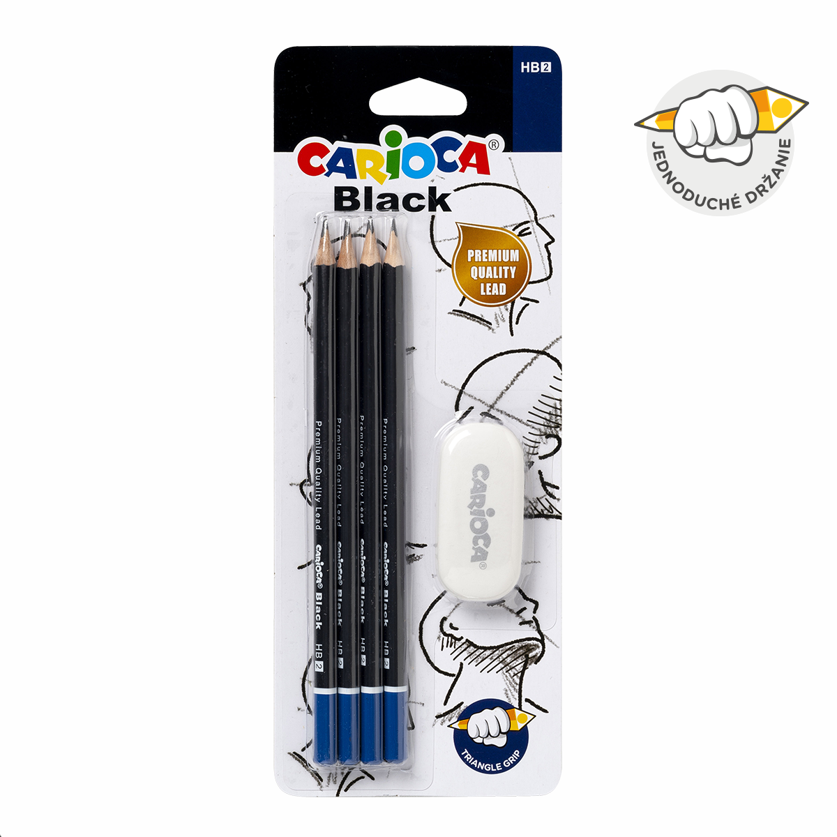 Carioca súprava trojhranných ceruziek Black 2/HB s gumou, 4 ks