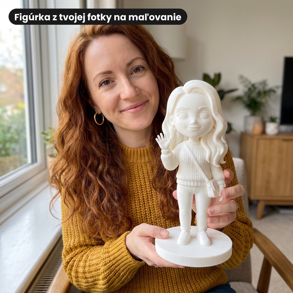 Žena drží bielu chibi figúrku na maľovanie vytvorenú z jej fotky