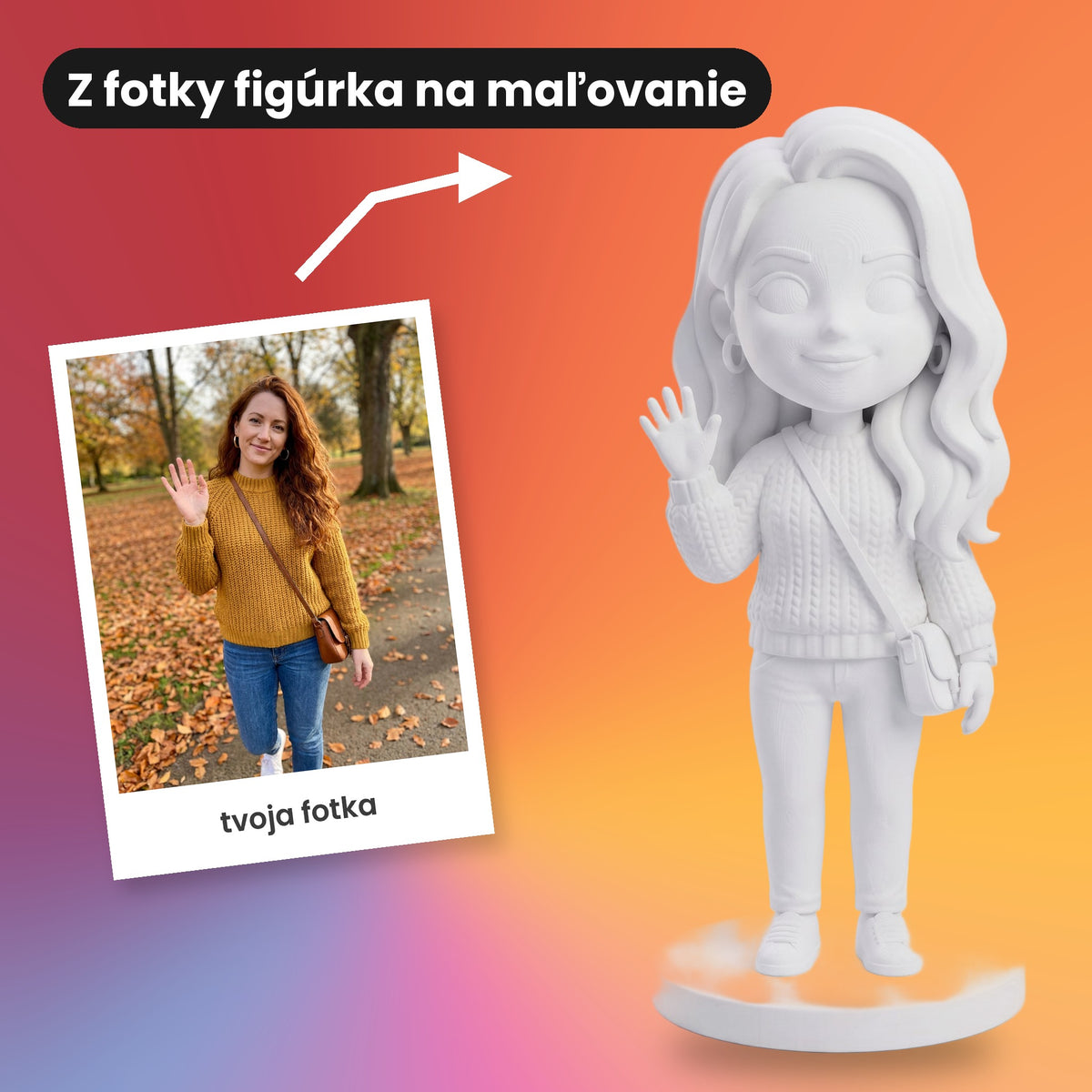 Figúrka z fotky na maľovanie – fotka a biela chibi figúrka vytvorená podľa nej