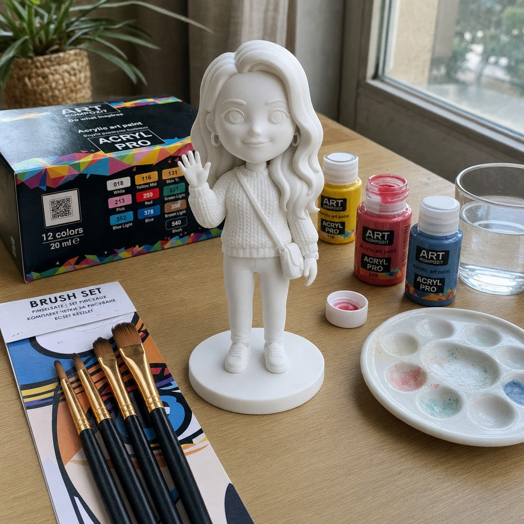 Biela chibi figúrka s akrylovými farbami Kompozit a štetcami ARTMiE