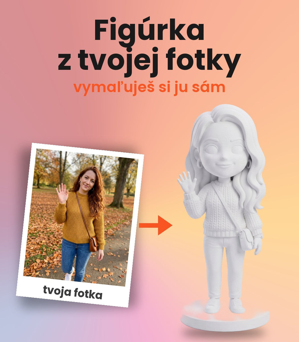 Figúrka z fotky – fotka ženy a biela 3D chibi figúrka vytvorená podľa nej