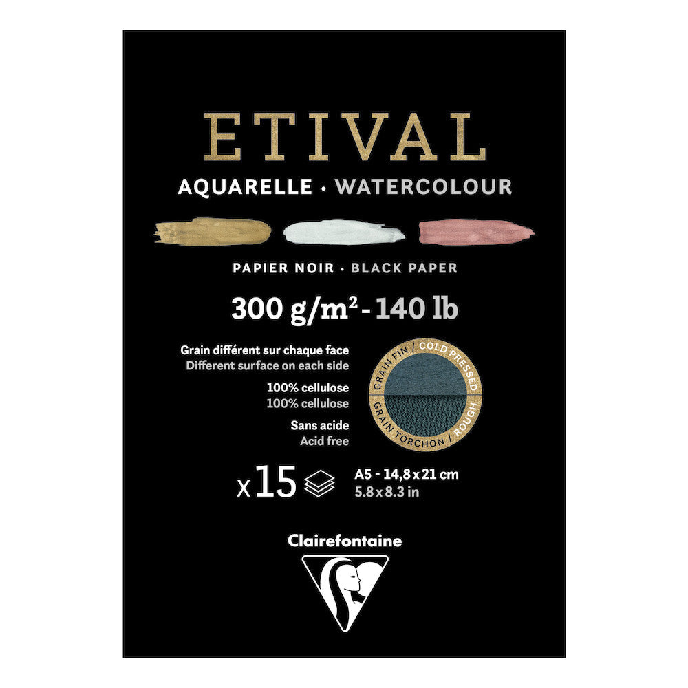 Clairefontaine Étival akvarelový blok CP R 300 g 15L lepený Black