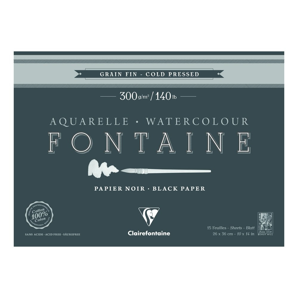 Clairefontaine Fontaine akvarelový blok CP Black 300 g 15L x 26 cm lepený po obvode – 36