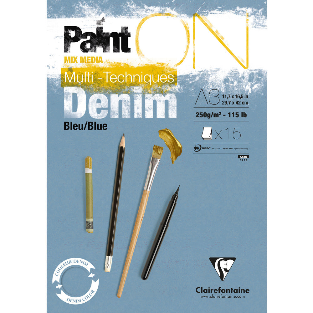 Clairefontaine Paint'On Mix Media blok 250 g lepený – 15L A3 Denimová modrá