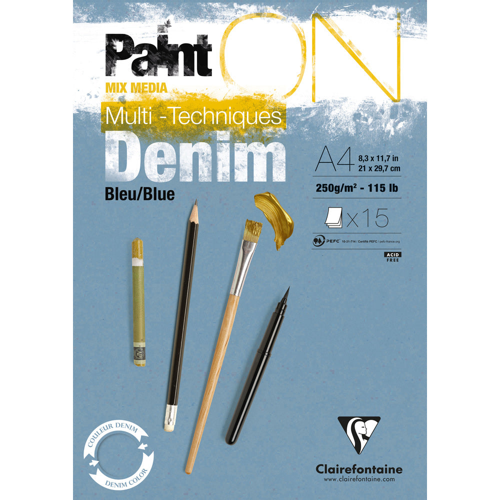 Clairefontaine Paint'On Mix Media blok 250 g lepený – 15L A4 Denimová modrá