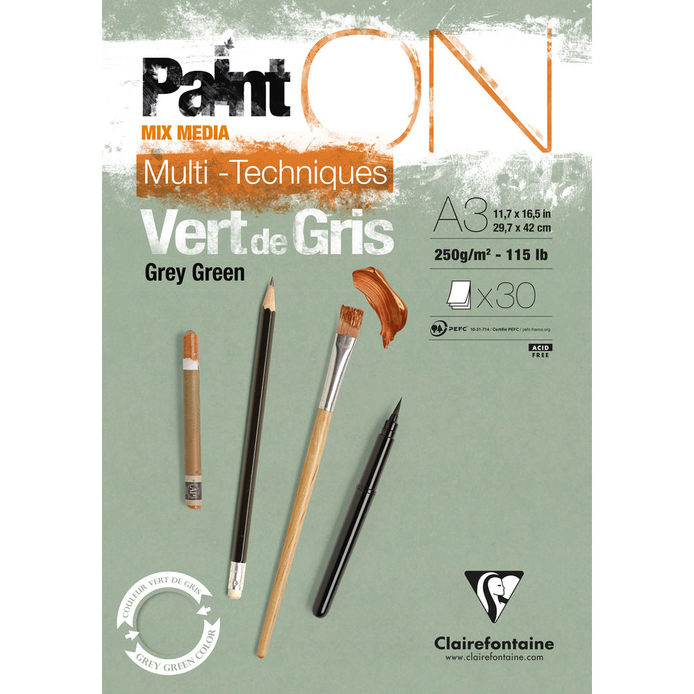 Clairefontaine Paint'On Mix Media blok 250 g lepený – 30L A3 Sivasto zelená