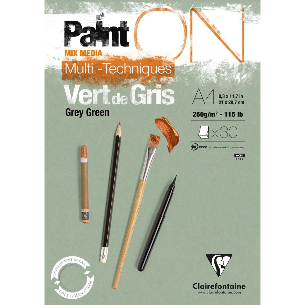 Clairefontaine Paint'On Mix Media blok 250 g lepený – 30L A4 Sivasto zelená