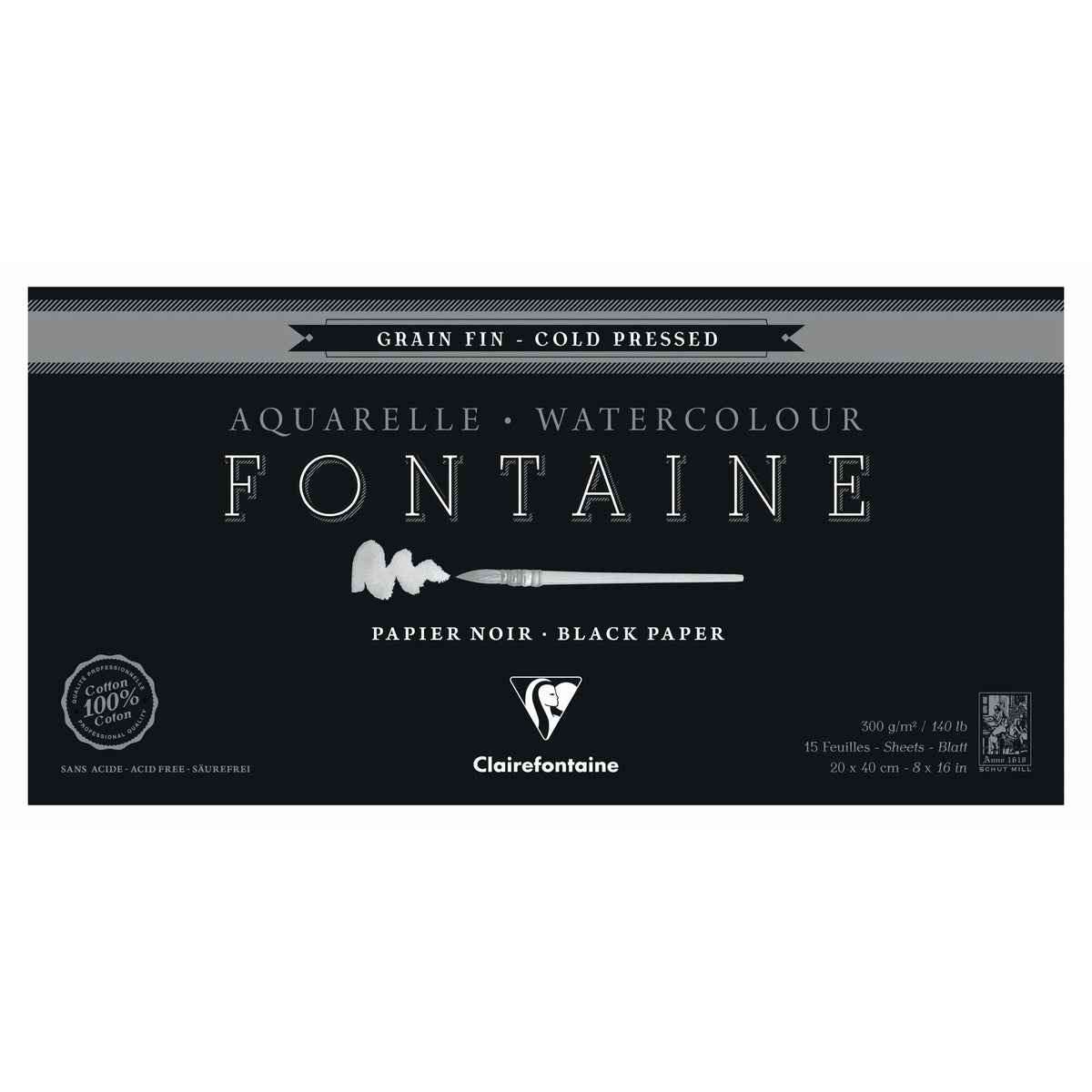 Čierny akvarelový blok Clairefontaine Fontaine 300 g/m² – 20 × 40 cm