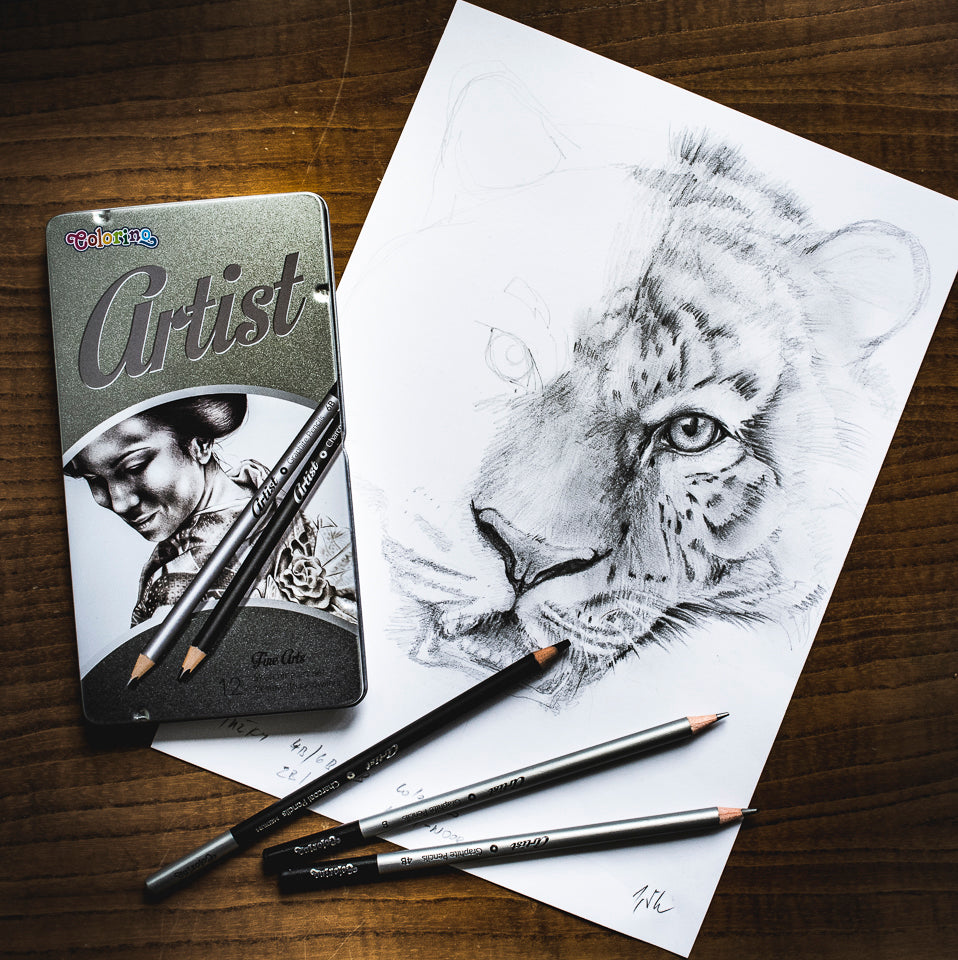 Colorino Artist kresliarska súprava grafitových ceruziek a uhlíkov v kovovom boxe