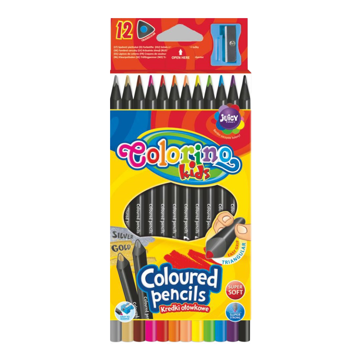 Colorino trojhranné pastelky z čierneho dreva so strúhadlom - 12 farieb