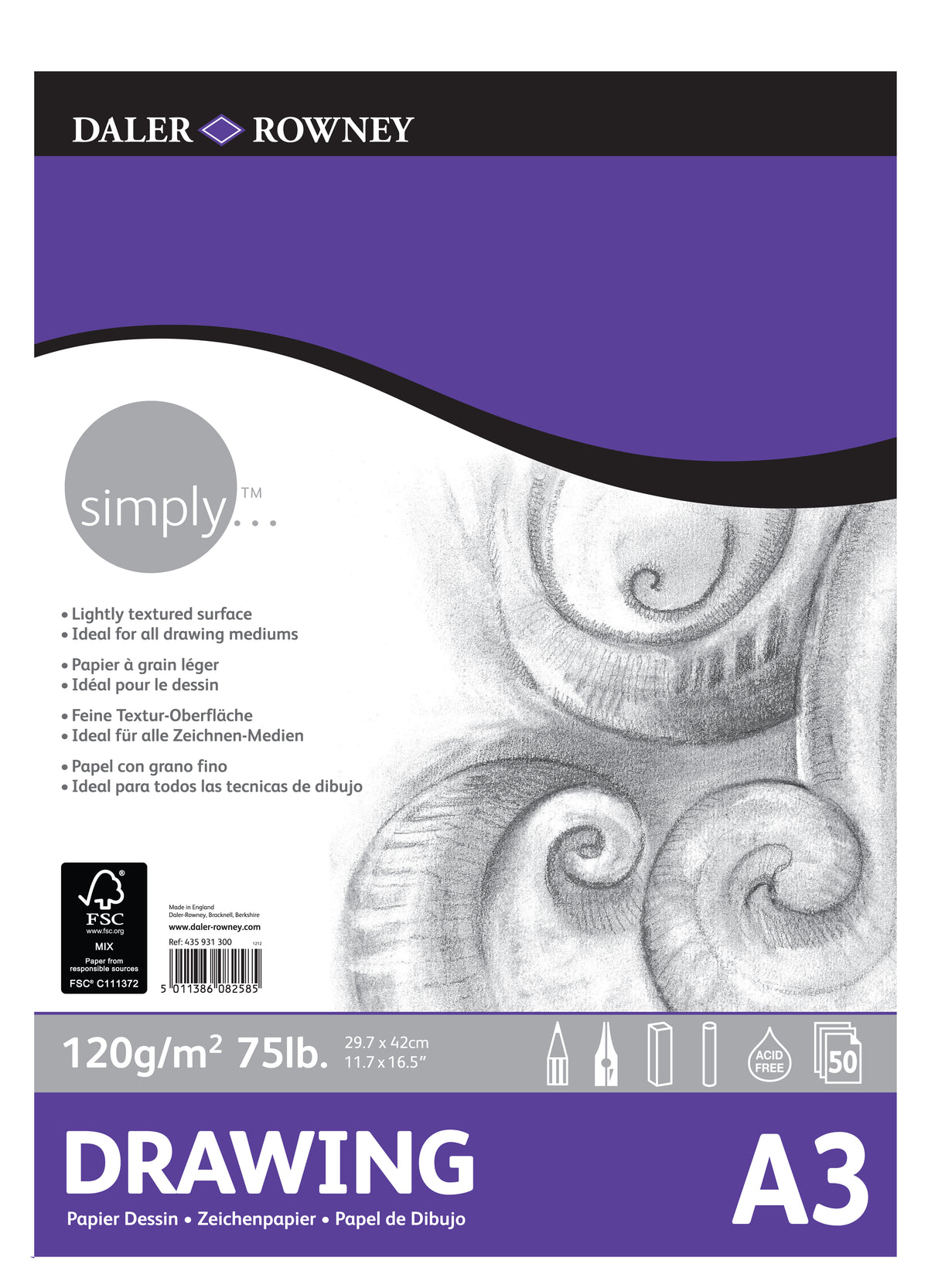 Skicár DALER ROWNEY Simply A3, 120 g, 50 listov lepený