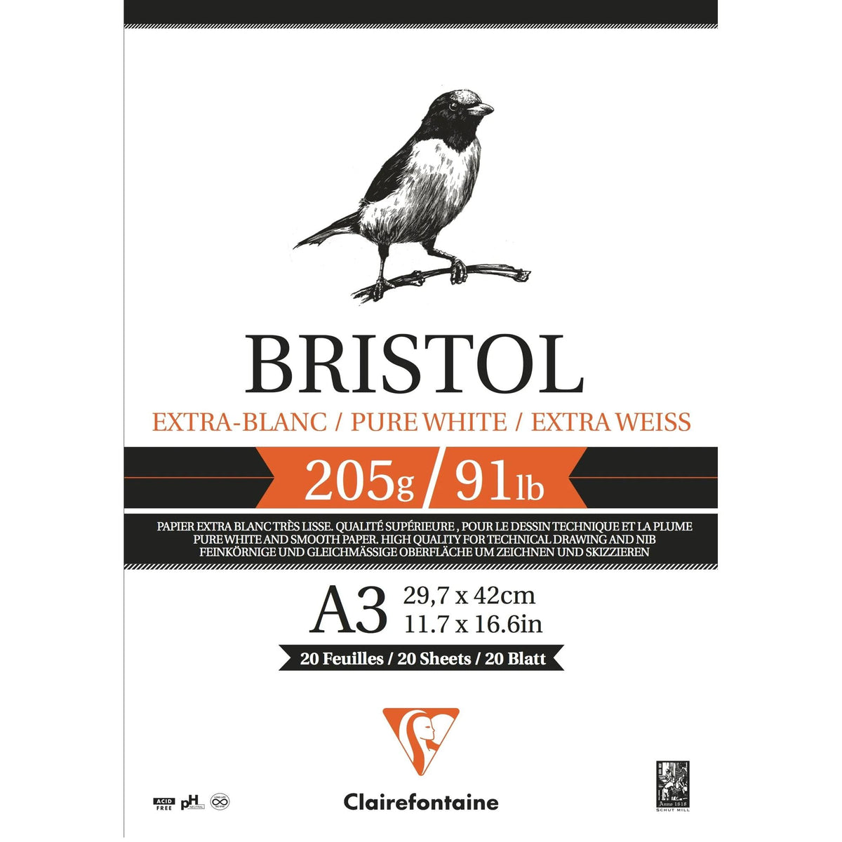 Kresliaci blok Clairefontaine Bristol 205 g/m² – 20 listov, A4 – A3