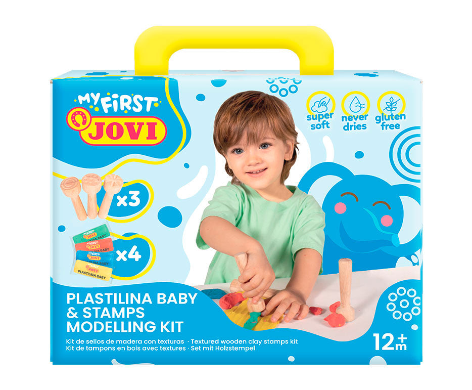 Mäkká prírodná plastelína JOVI My First 4 x 38 g – + 3 drevené pečiatky