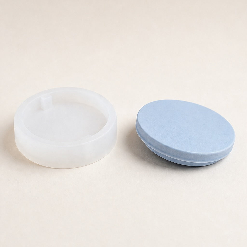 Pružná silikónová forma na odlievanie bytových dekorácií – viečko na dózu – ⌀ 8,3 × 1,5 cm