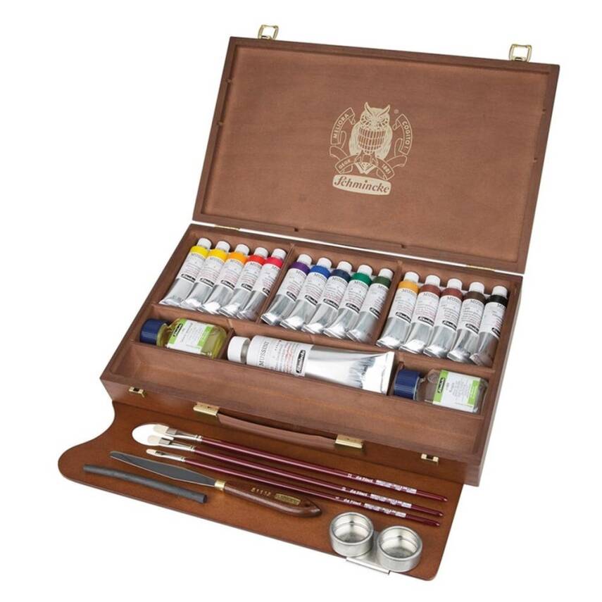 Schmincke MUSSINI drevený box s farbami 15 x 35 ml a bielou 150 ml