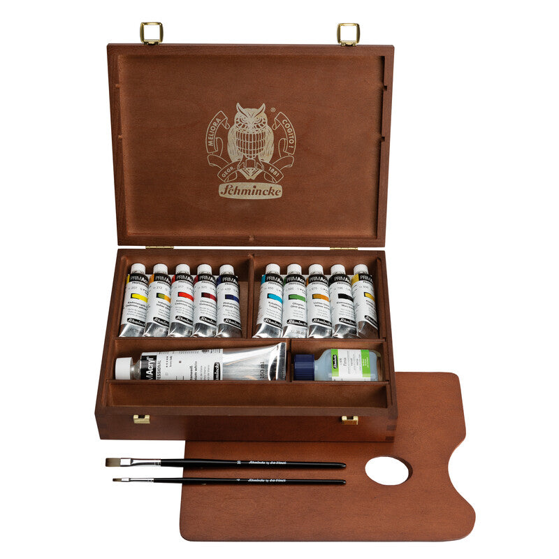 Schmincke PRIMAcryl drevený box s akrylovými farbami 10 x 35 ml + biela 150 ml a štetce
