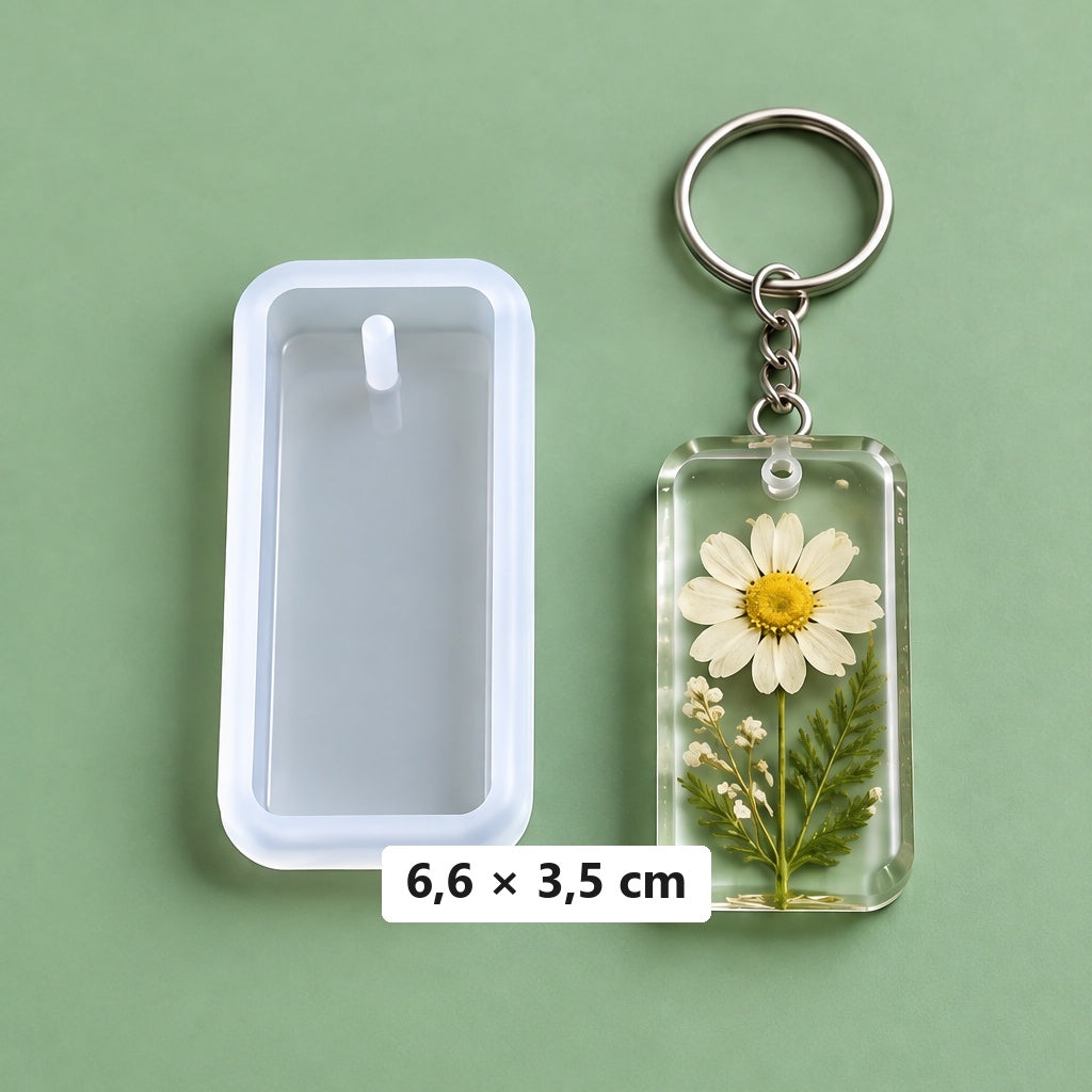 obdĺžniková forma 6,6 × 3,5 cm + 3 kľúčenkové krúžky