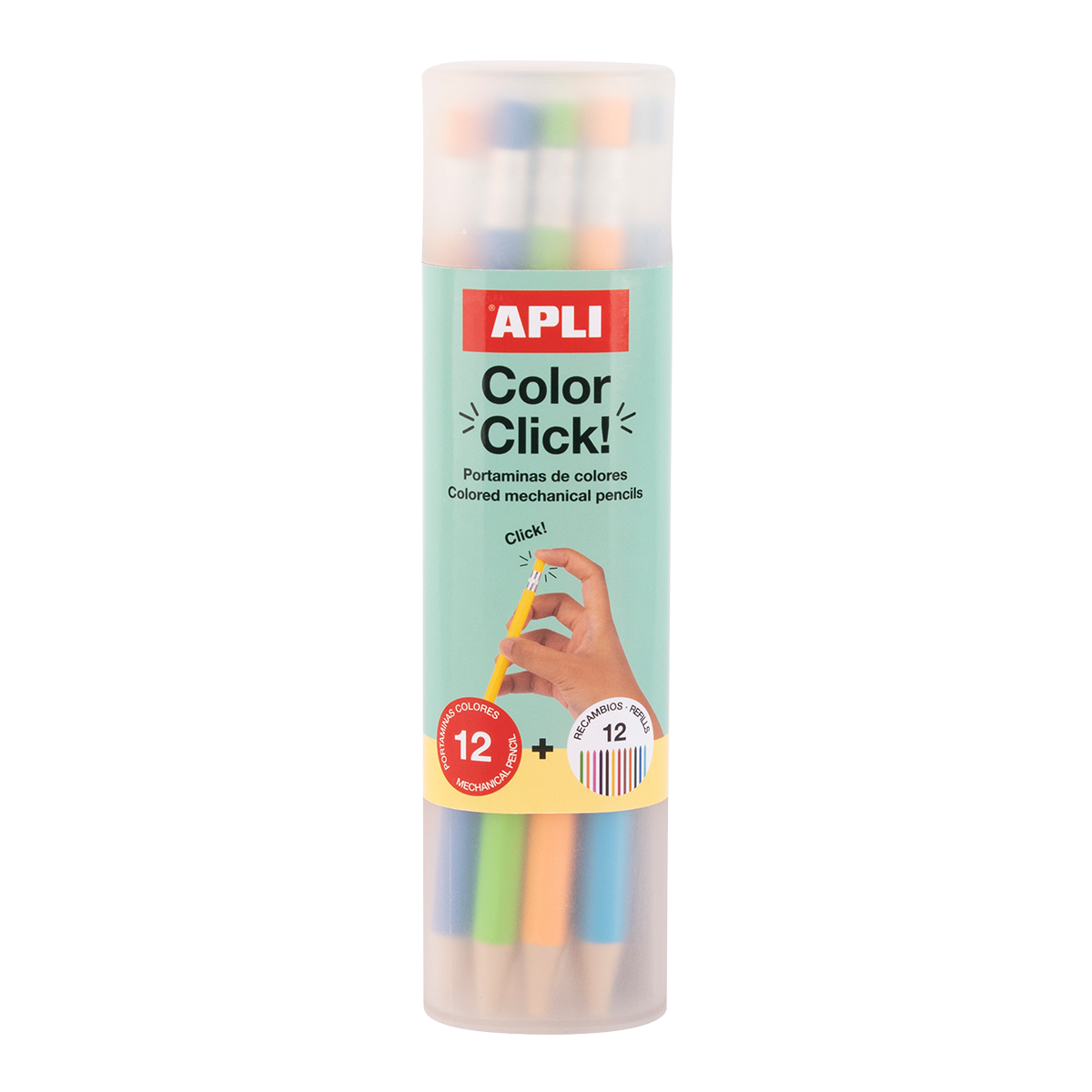 Stláčacie pastelky APLI Color Click, 12 ks s náhradnými tuhami a strúhadlom