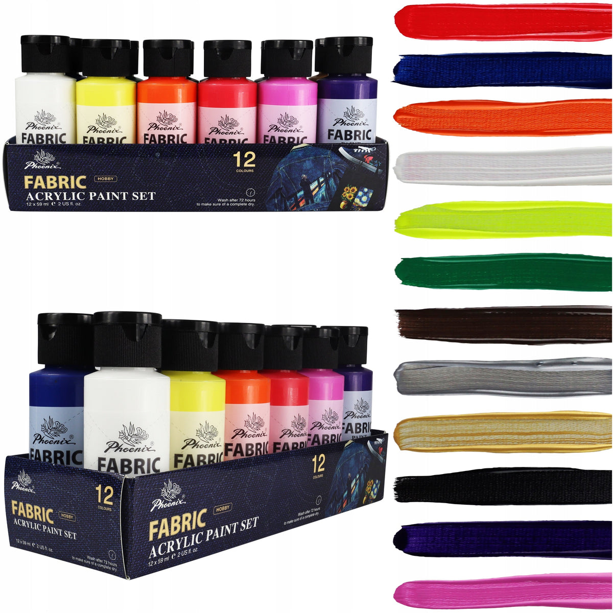 Súprava farieb na textil Phoenix, 12 – 24 × 59 ml