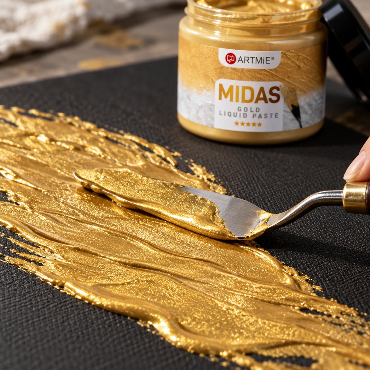 Nanášanie zlatej metalickej pasty ARTMIE MIDAS špachtľou na čierne plátno — makro